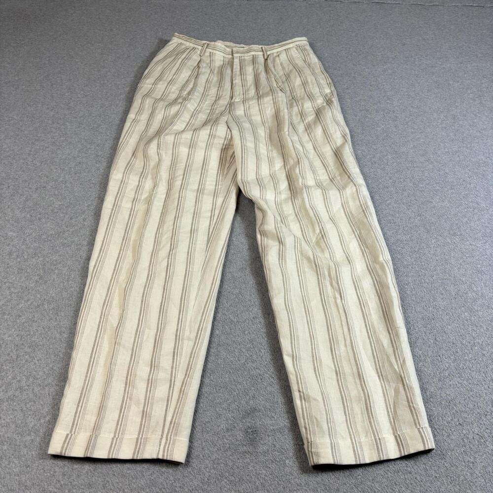 Classiques Linen Pant Women 14 Beige Stripe Pleated Trouser Office Heritage Boho